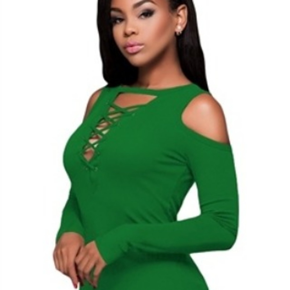 GREEN LONG SLEEVE CUT-OUT SHOULDER TOP